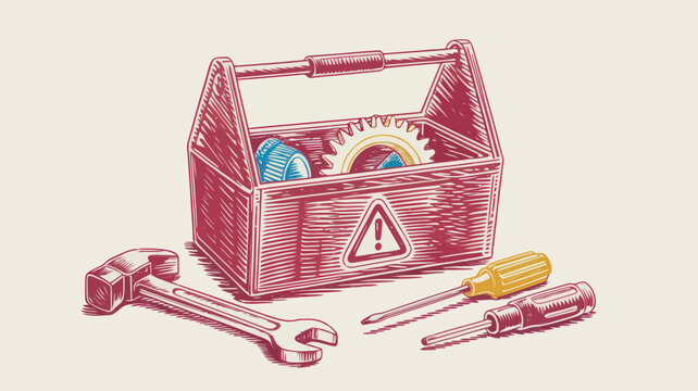 Vintage hand drawn toolbox with tools, retro wood tool box with hammer and screwdrivers, manual labor equipment vector