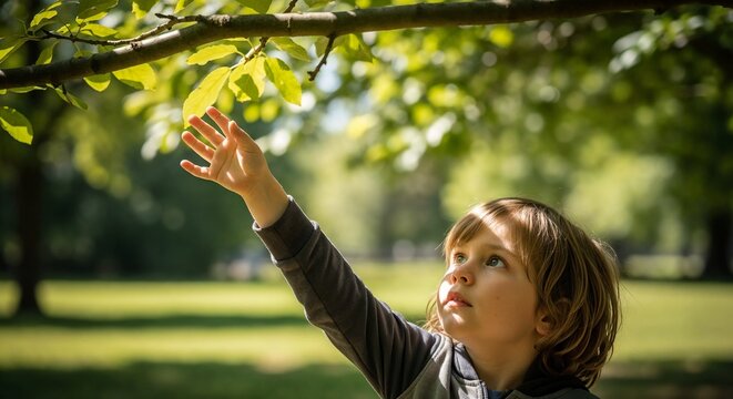 Curious child reaching leaves on tree branch in sunny summer park. Inspiring child reaching leaves outdoors explores vibrant green forest foliage.