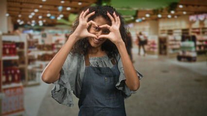 Fototapeta premium Teenage woman in denim apron forms heart with hands over face in building retail store; warm cheerful affection.