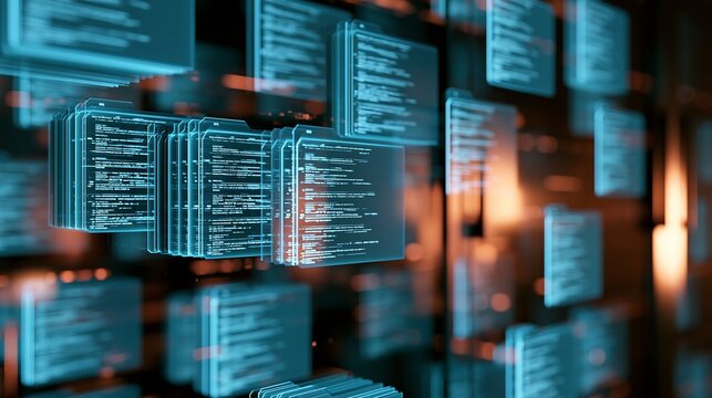 Futuristic glowing digital folders with coding scripts and data windows floating in cyber space 3d render
