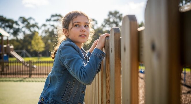 Girl poses as child at playground leaning on wooden fence outdoors. Thoughtful child at playground gazes into distance during leisure time. Serene child at playground concept for family lifestyle.