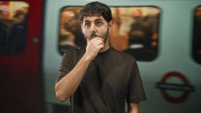 Man with beard and brown t shirt touching his mouth and staring forward beside a subway train on a crowded platform in a station building; contemplative waiting.