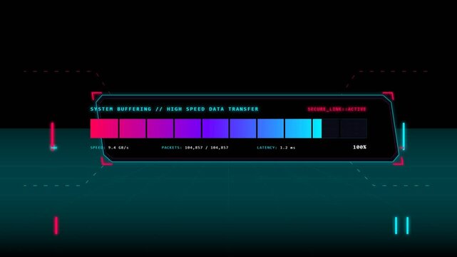 Futuristic Interface Displaying System Buffering and High-Speed Data Transfer Metrics with Neon Design and Progress Indicators