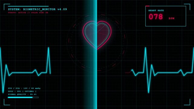 Holographic Biometric Monitor Displaying Heart Rate and ECG Data with Digital Aesthetics and Vibrant Visualization