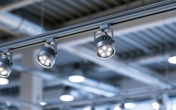 Directional LED lights on rails under the ceiling in a modern warehouse, shopping center building, office or other commercial real estate object.