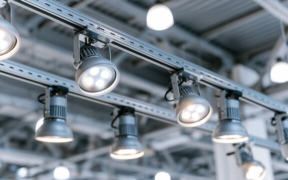 Directional LED lights on rails under the ceiling in a modern warehouse, shopping center building, office or other commercial real estate object.