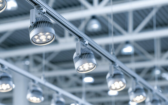 Directional LED lights on rails under the ceiling in a modern warehouse, shopping center building, office or other commercial real estate object.