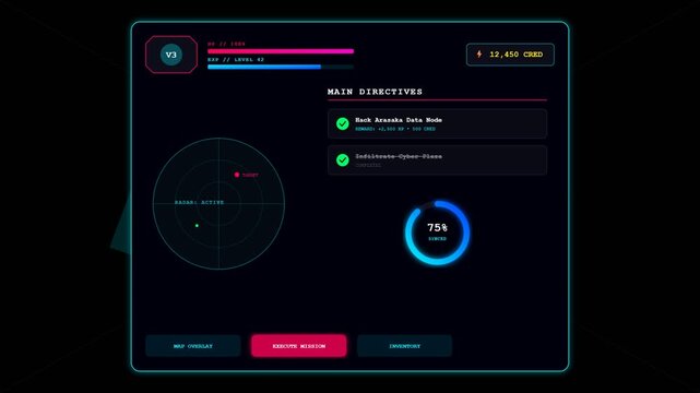 Futuristic Dashboard Interface Displaying Quest Progress and Mission Objectives in a Cyberpunk Style for Gaming Applications