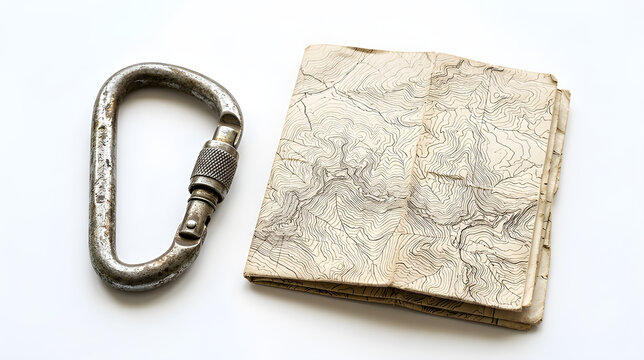 Metal carabiner and old weathered paper map on white background