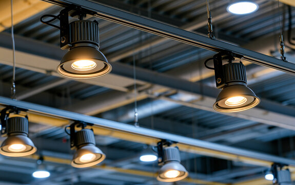 Directional LED lights on rails under the ceiling in a modern warehouse, shopping center building, office or other commercial real estate object.