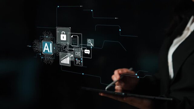 Modern Businesswoman Engaging with AI Technology and Data Management Icons in a Dark Office Environment for Digital Innovation Concepts Gluon.