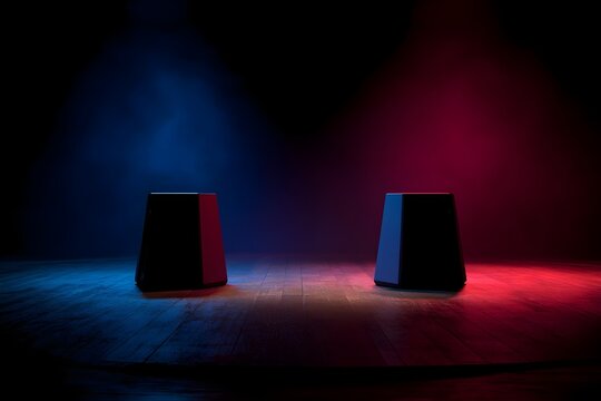 Two low trapezoid stools on wooden stage under blue and red spotlights
