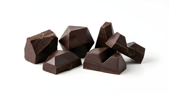 Dark chocolate chunks isolated on white background for food photography and confectionery