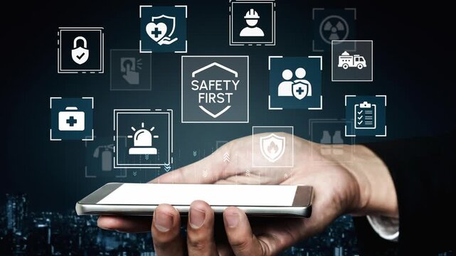 Hand Holding Smartphone With Safety Icons and Graphical User Interface Representing Health, Security, and Emergency Services. Entropy.