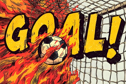 Soccer ball on fire hits net with bold GOAL! text comic art