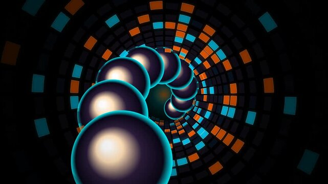Abstract tunnel with glowing blue spheres and digital orange squares in a dark space 4K Motion Video