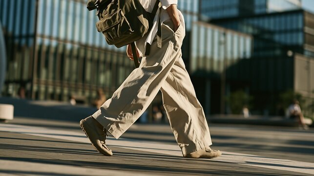 Low section of commuter with backpack in stylish wide leg pants crossing urban city street during sunset