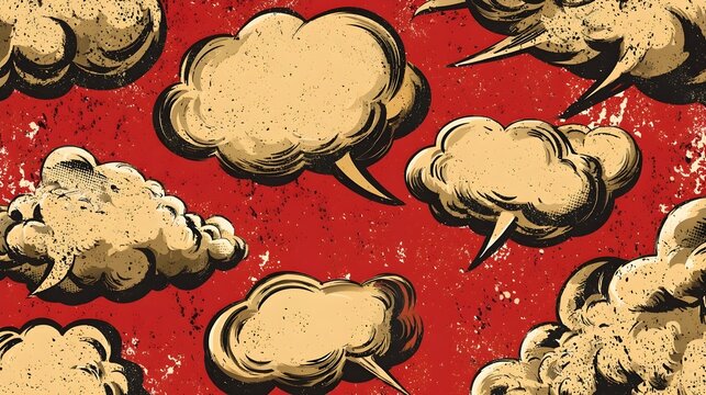 Cloud-shaped comic speech bubbles on distressed red background
