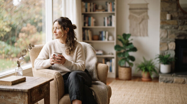 Woman holding mug looking out window in cozy living room