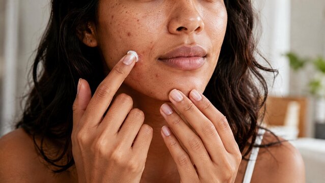  Close-up de uma jovem mulher brasileira aplicando creme ou s&eacute;rum de tratamento para acne no rosto. Rotina de skincare em casa para pele com espinhas e imperfei&ccedil;&otilde;es.
