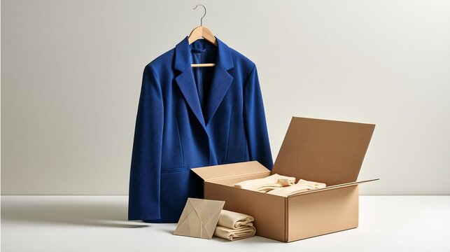 Blue blazer jacket on hanger with open cardboard shipping box for online clothing retail and fashion delivery