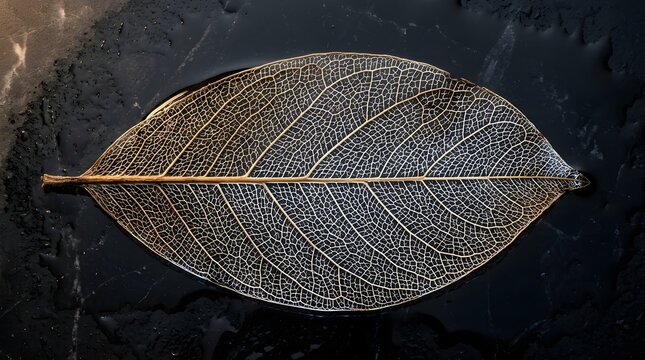 Delicate golden skeleton leaf with intricate vein structure on dark wet marble for organic brand identity and biology education display