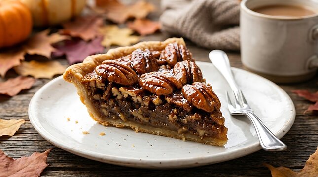 Delicious slice of pecan pie with autumn leaves and a warm beverage nearby