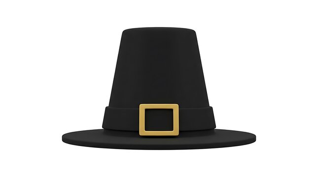 Traditional black pilgrim hat with gold buckle isolated on a white background
