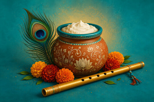 Beautiful traditional clay pot filled with fresh white butter near golden flute and peacock feather celebrating lord krishna during krishna janmashtami festival