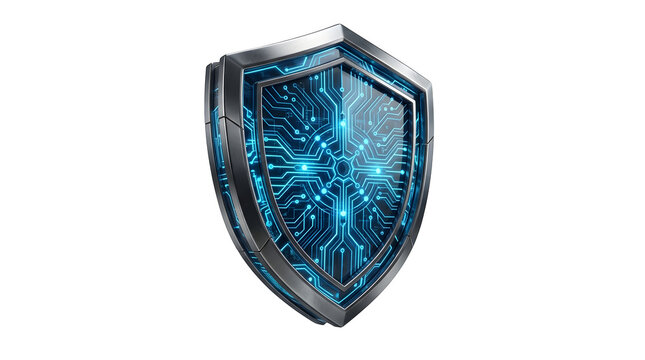 Cyber security shield icon with glowing blue digital circuit board pattern, advanced technology protection concept, 3d render isolated on transparent background