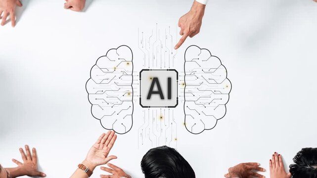 This image depicts the intersection of artificial intelligence and human collaboration, showcasing hands engaged in discussion around a brain illustration, emphasizing innovation. Raster