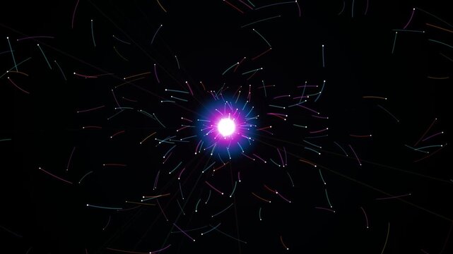 Bright glowing light orb with colorful particles exploding in deep space on a dark black background 4K Motion Video