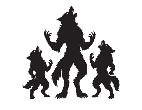 Three fierce werewolf creatures howling at the moon in a dark black silhouette vector graphic