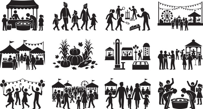 Set of black silhouette showing people at a county fair, carnival, or festival with games, food stalls, rides, and family activities