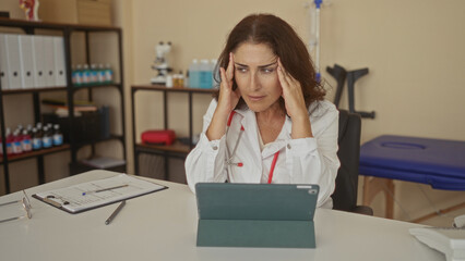 Woman doctor pressing temples while seated at tablet with clipboard and stethoscope in a clinic...