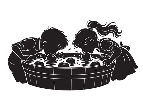 Children apple bobbing silhouette vector illustration for fun Halloween party game activities