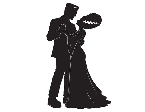 Romantic silhouette of Frankenstein monster and his bride dancing together for Halloween event