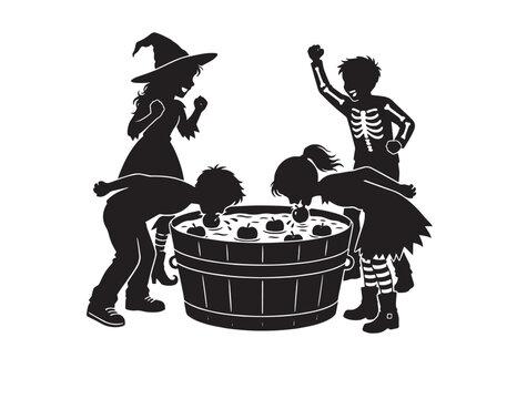 Group of children in Halloween costumes playing apple bobbing game in a wooden bucket silhouette