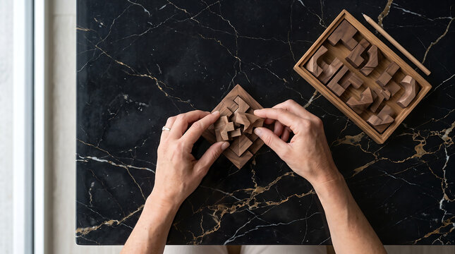 Top view of female hands solving wooden brain teaser puzzle on black marble table next to wooden storage box.