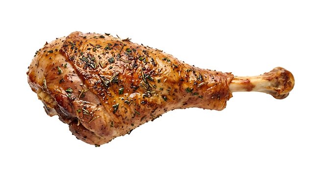 Delicious golden brown roasted turkey leg isolated on a clean white background