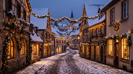 Fototapeta premium Christmas Village Street Snow Cobblestone Lane Strung With Lights Between Half Timbered Houses and an Illuminated Church Spire at Dusk