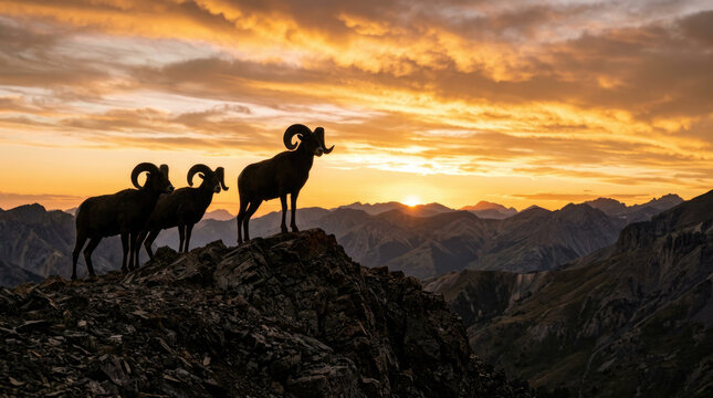 Bighorn Sheep Standing on Rocky Mountain Summit During Golden Sunset