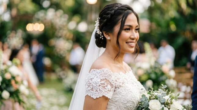 Happy Bride with White Floral Bouquet at Beautiful Outdoor Garden Wedding Ceremony