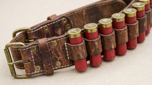 Vintage Leather Ammunition Belt with Red Shotgun Shells and Brass Casings Close Up