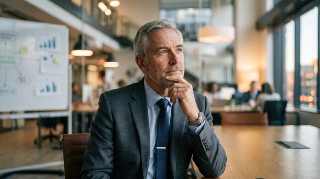 Thoughtful Mature Executive Considering Business Strategy While Sitting in Modern Office