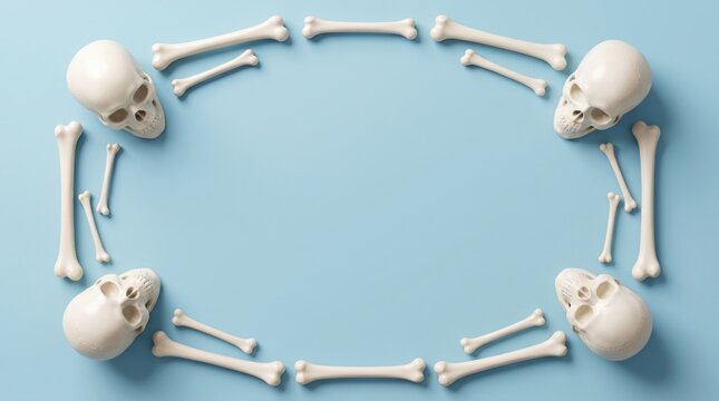 A creative rectangular frame made of human skulls and bones on a flat light blue background surface