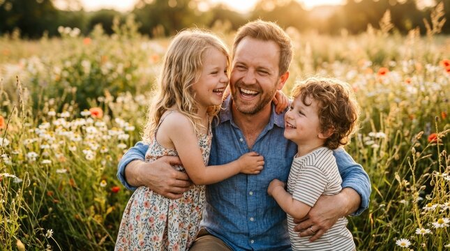 Happy Father Hugging Two Young Children in Wildflower Meadow at Golden Sunset