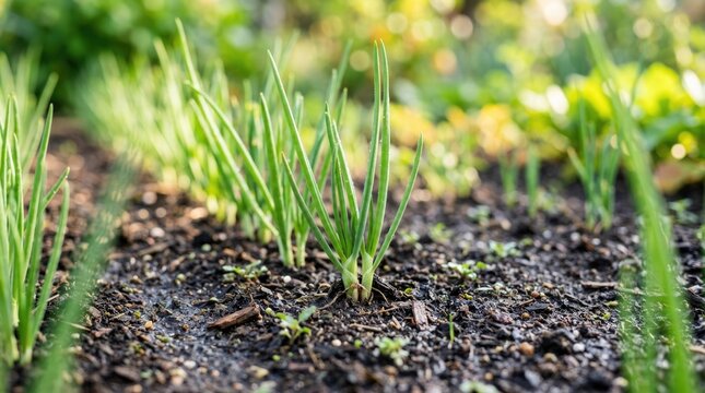 Young Green Onions Growing in Moist Organic Soil in a Sunny Home Garden