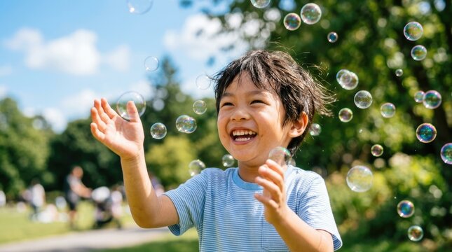 Happy Child Playing with Soap Bubbles Outdoors in Sunny Green Summer Park