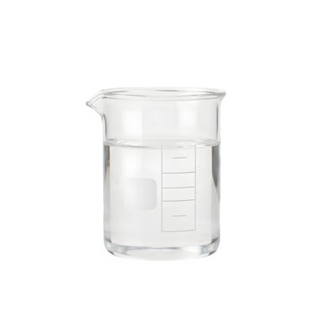 Laboratory glass beaker filled with clear liquid isolated on transparent background